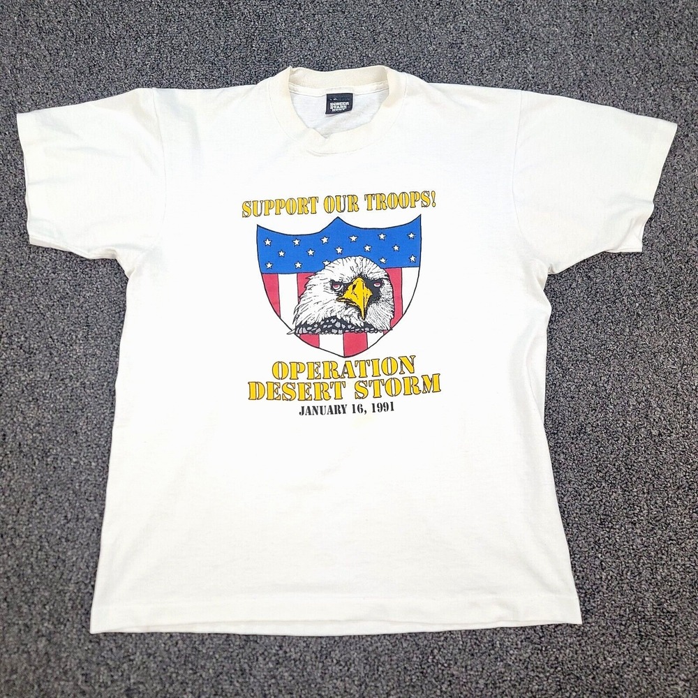 Screen Stars Best T-Shirt L Desert Storm Eagle USA Flag Cotton White Vintage 90s
